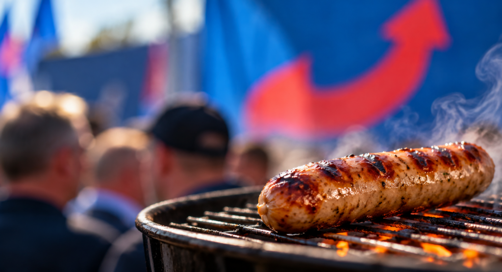 Bratwurst auf einem Grill vor unscharfem blau-rotem politischen Hintergrund